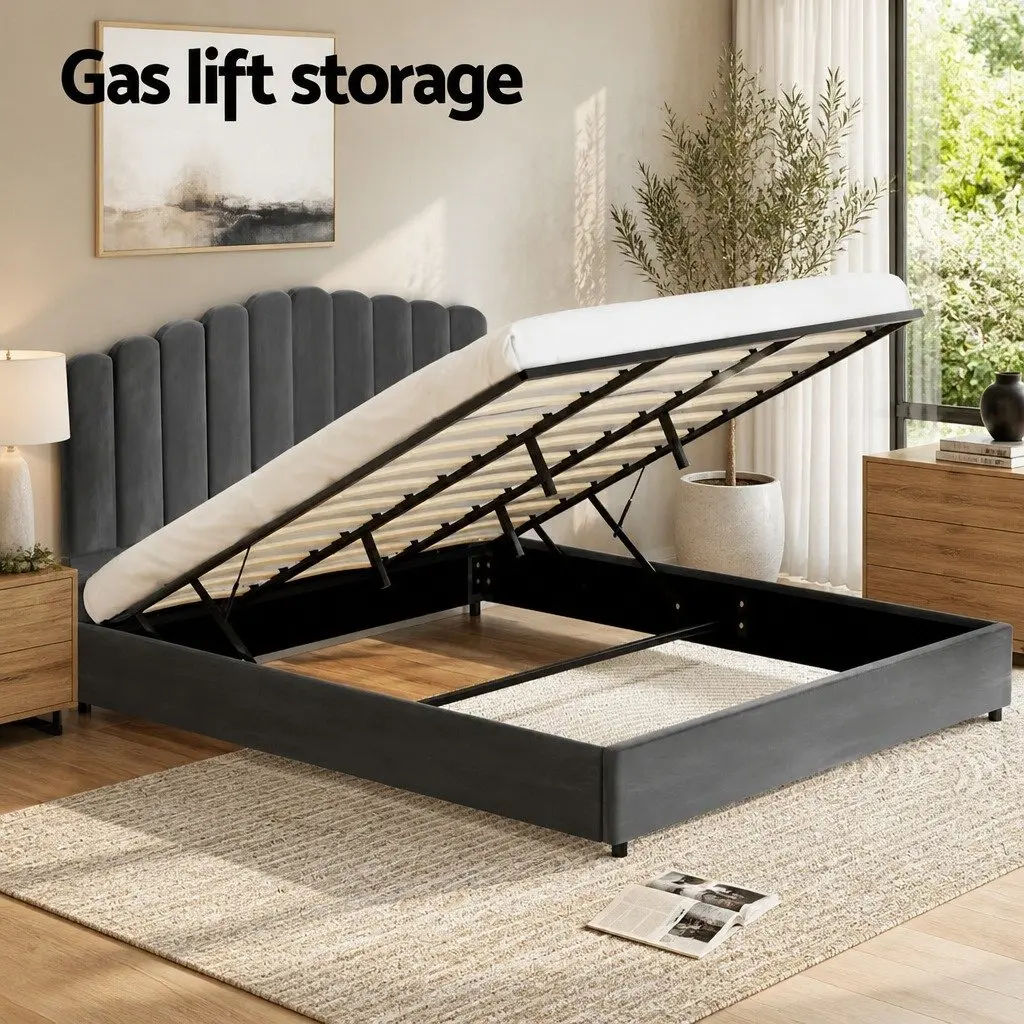 Grey Velvet Upholstered King Size Bed Frame with Gas Lift Storage and Padded Headboard