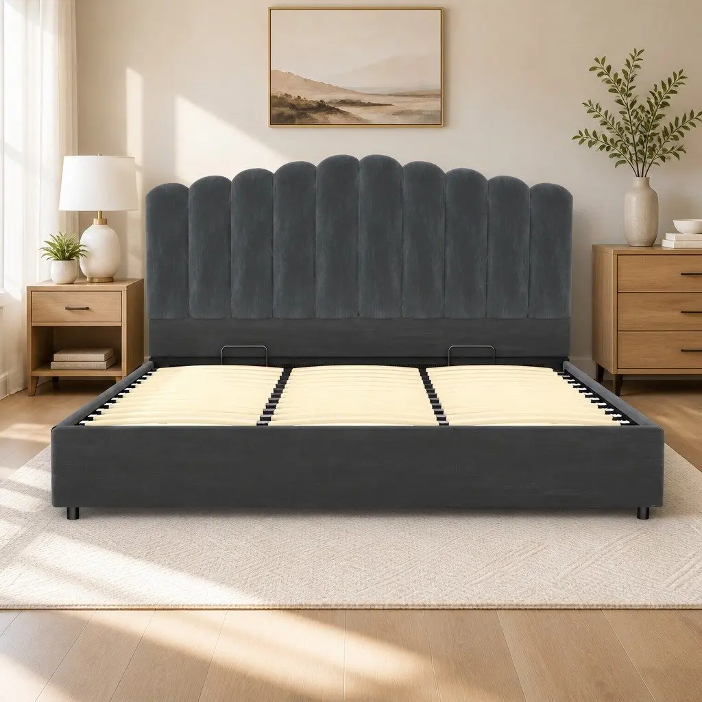 Grey Velvet Upholstered King Size Bed Frame with Gas Lift Storage and Padded Headboard