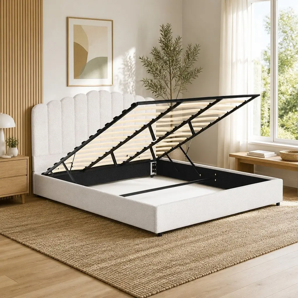 King Size Bed Frame Upholstered Boucle Gas Lift Storage Beige