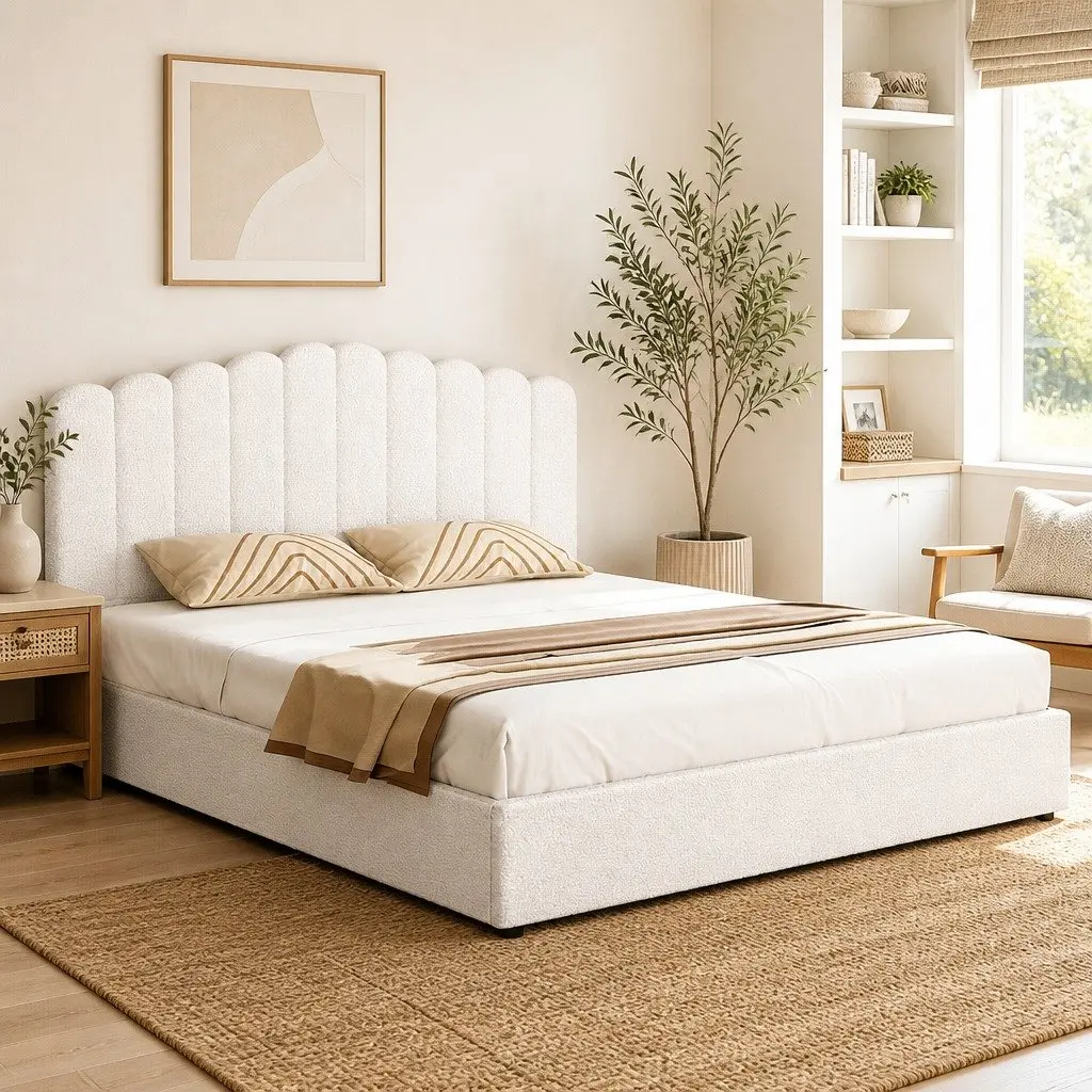 King Size Bed Frame Upholstered Boucle Gas Lift Storage Beige