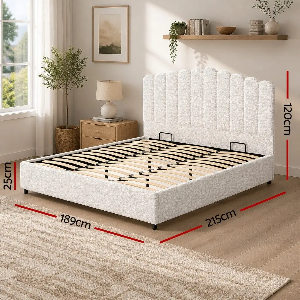 King Size Bed Frame Upholstered Boucle Gas Lift Storage Beige