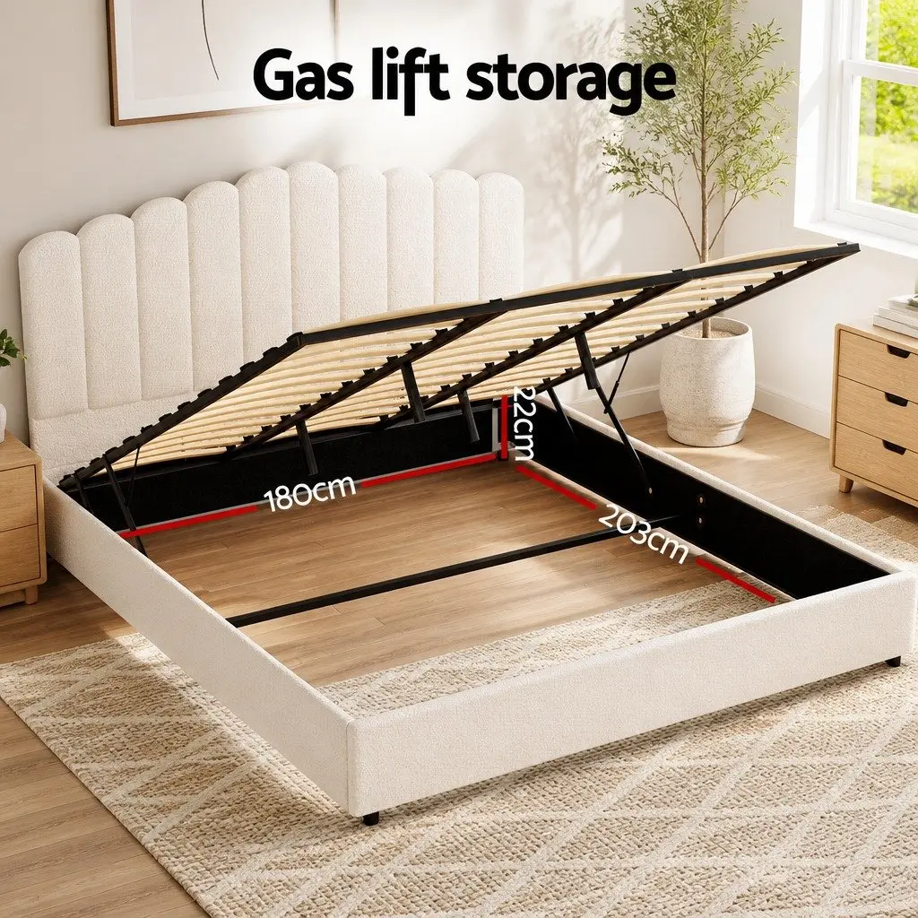 King Size Bed Frame Upholstered Boucle Gas Lift Storage Beige
