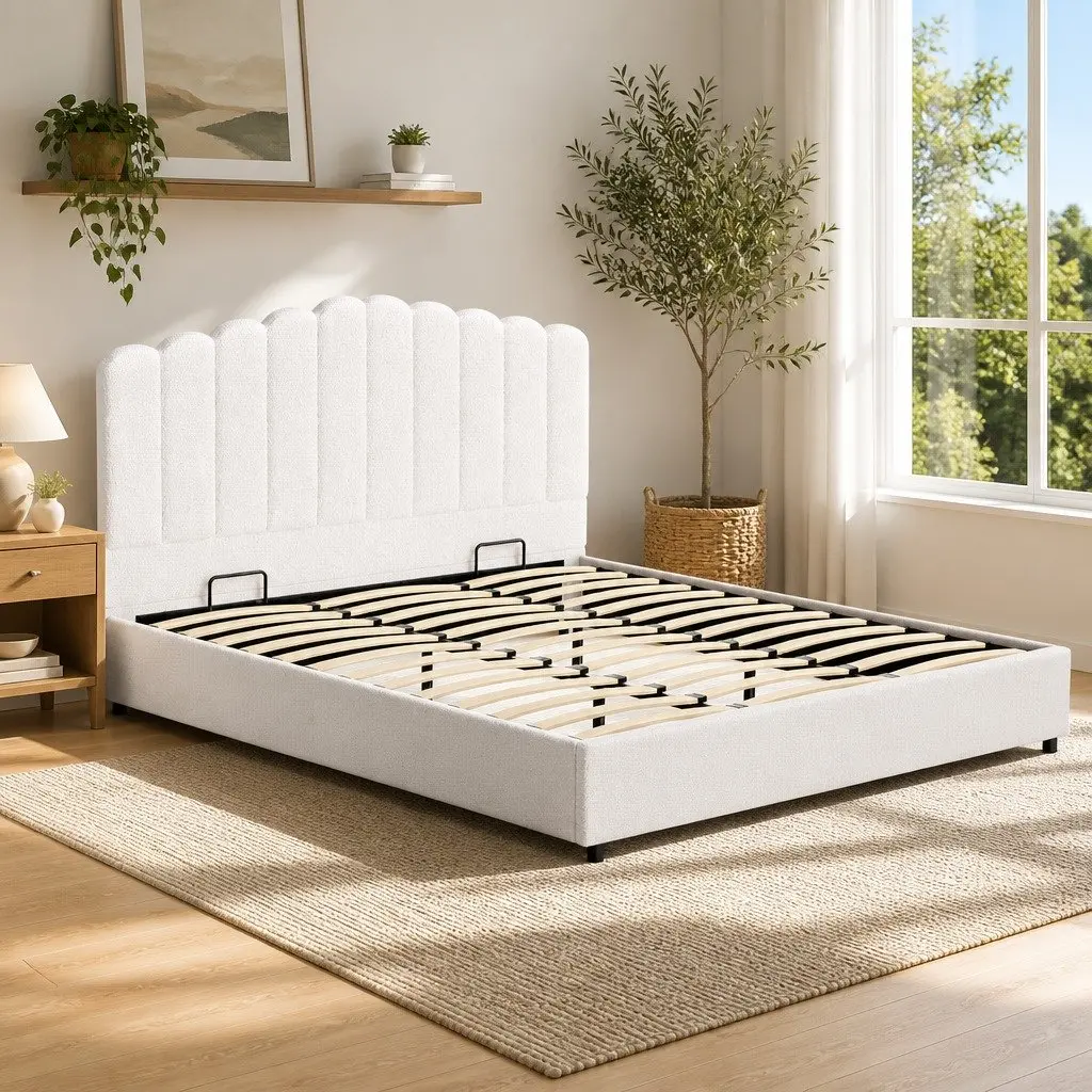King Size Bed Frame Upholstered Boucle Gas Lift Storage Beige