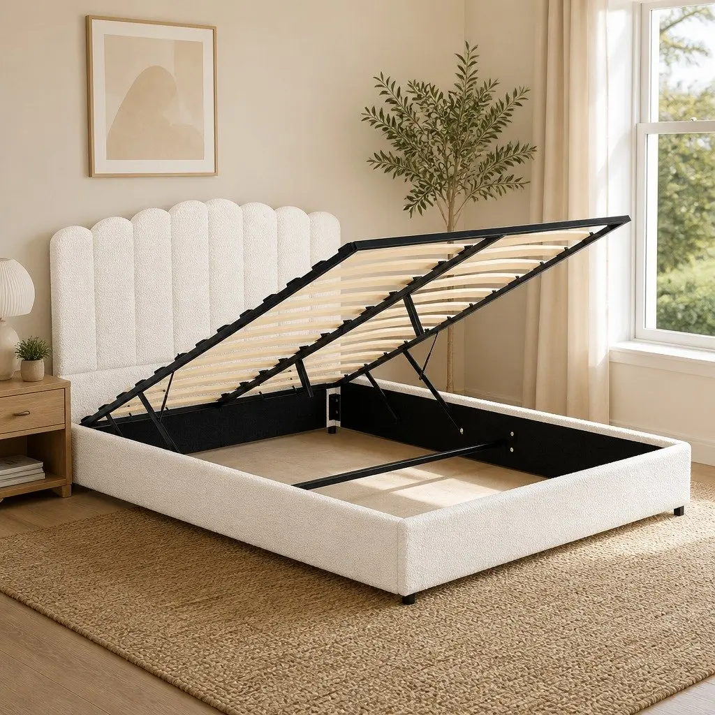 Queen Size Bed Frame Gas Lift Storage Boucle Upholstered White