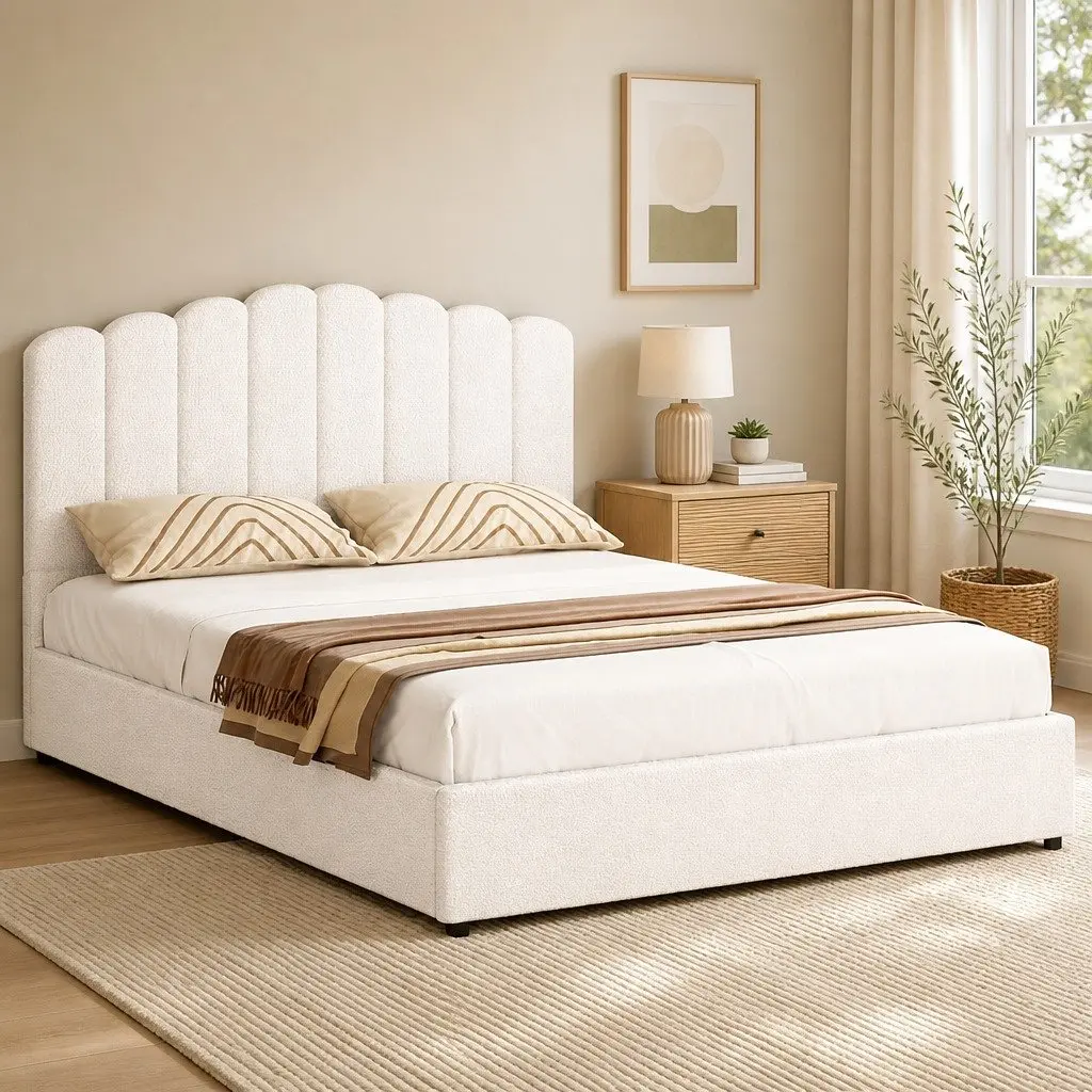Queen Size Bed Frame Gas Lift Storage Boucle Upholstered White