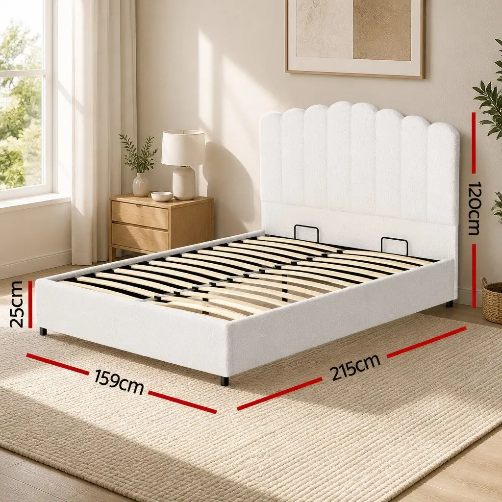 Queen Size Bed Frame Gas Lift Storage Boucle Upholstered White