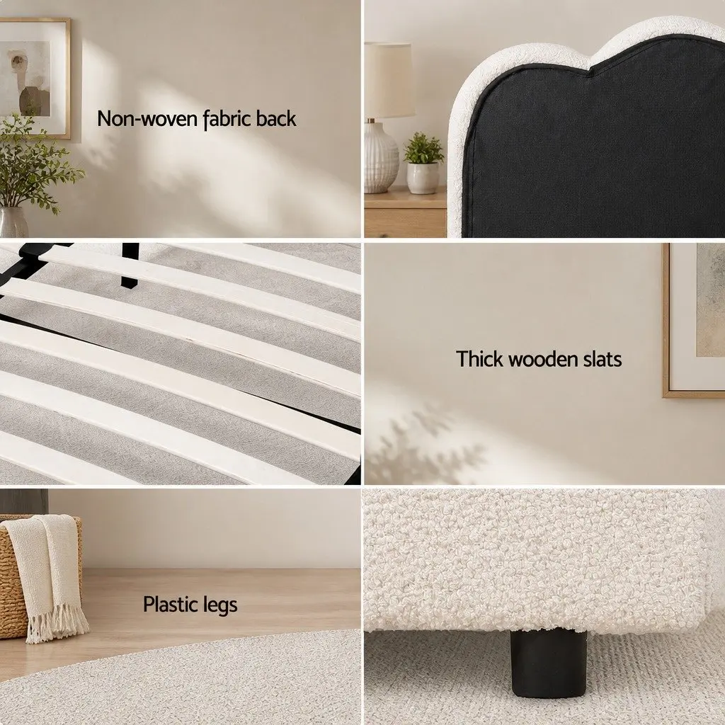 Queen Size Bed Frame Gas Lift Storage Boucle Upholstered White