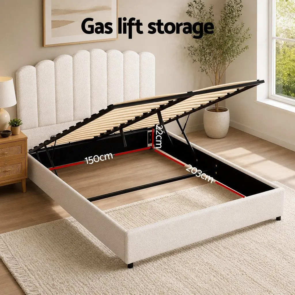 Queen Size Bed Frame Gas Lift Storage Boucle Upholstered White