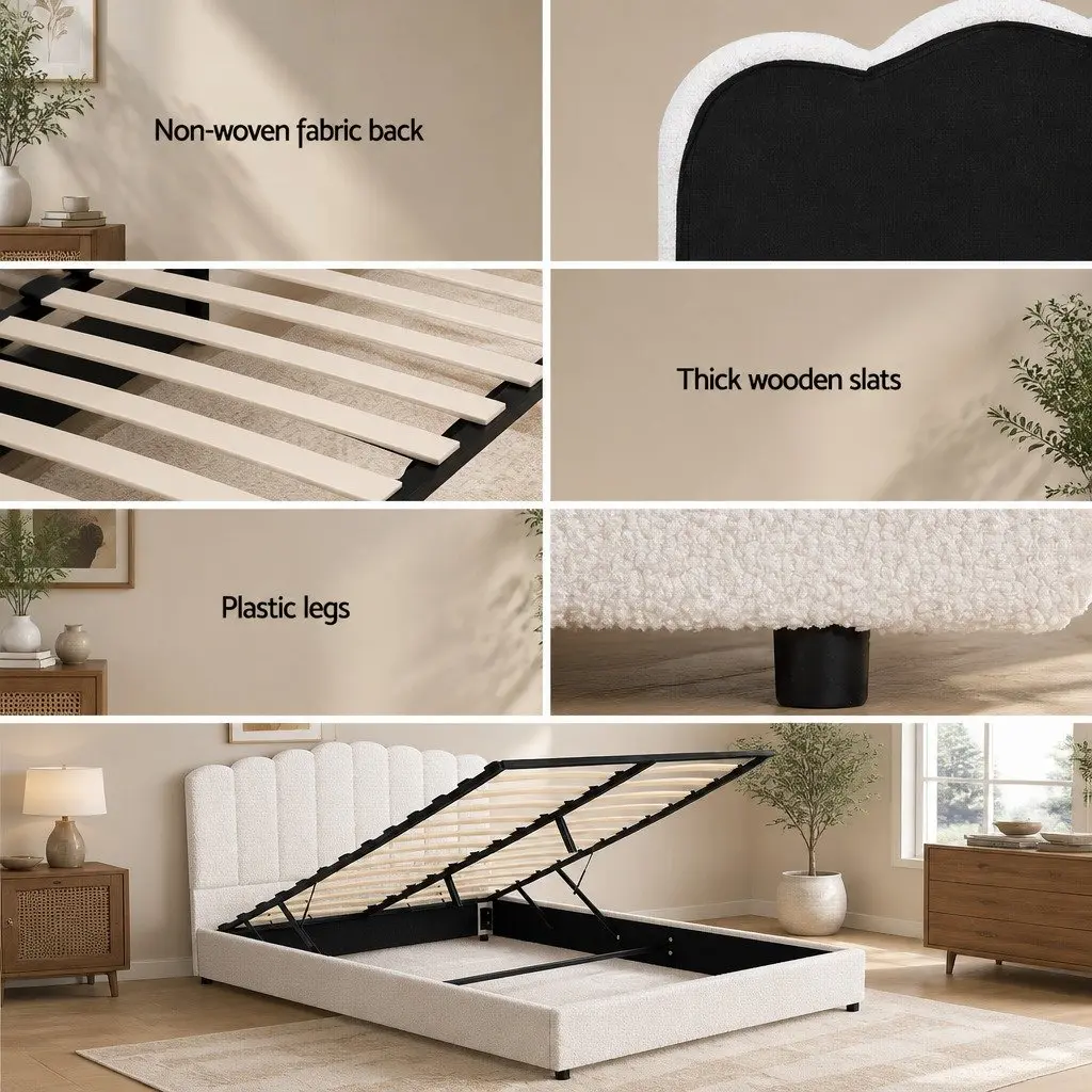 Queen Size Bed Frame Gas Lift Storage Boucle Upholstered White