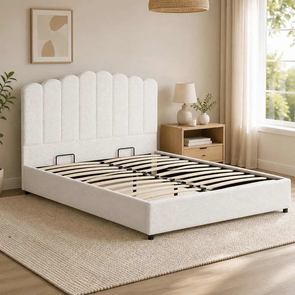 Queen Size Bed Frame Gas Lift Storage Boucle Upholstered White