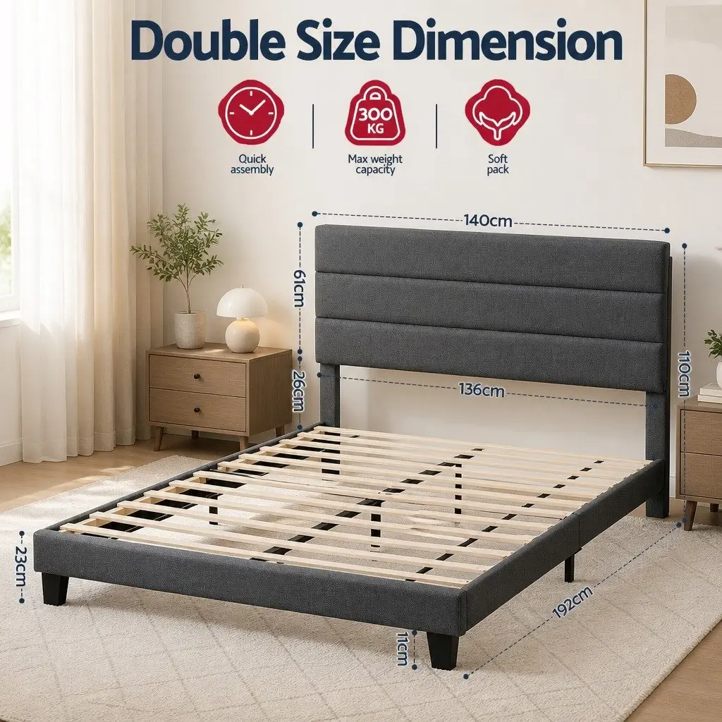 Double Bed Frame Upholstered Platform Base Geometric Headboard Charcoal Grey