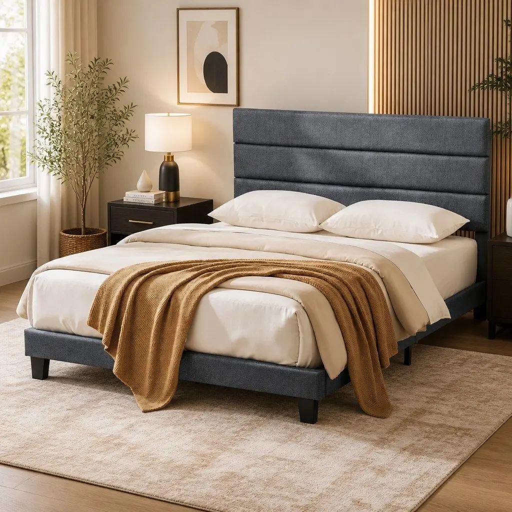 Double Bed Frame Upholstered Platform Base Geometric Headboard Charcoal Grey