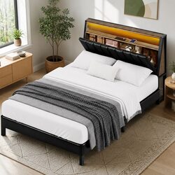 Double Bed Frame with LED Storage Headboard Charging Ports Black 154cm