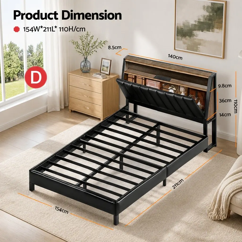 Double Bed Frame LED Storage Headboard Charging Ports Black 154cm