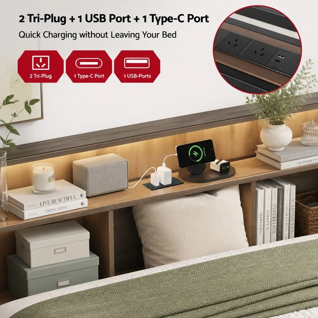 Double Bed Frame LED Storage Headboard Charging Ports Black 154cm