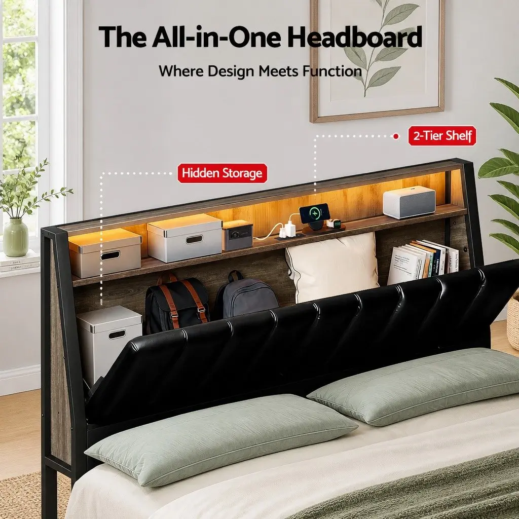 Double Bed Frame LED Storage Headboard Charging Ports Black 154cm