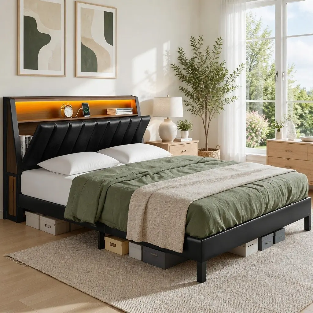 Double Bed Frame LED Storage Headboard Charging Ports Black 154cm