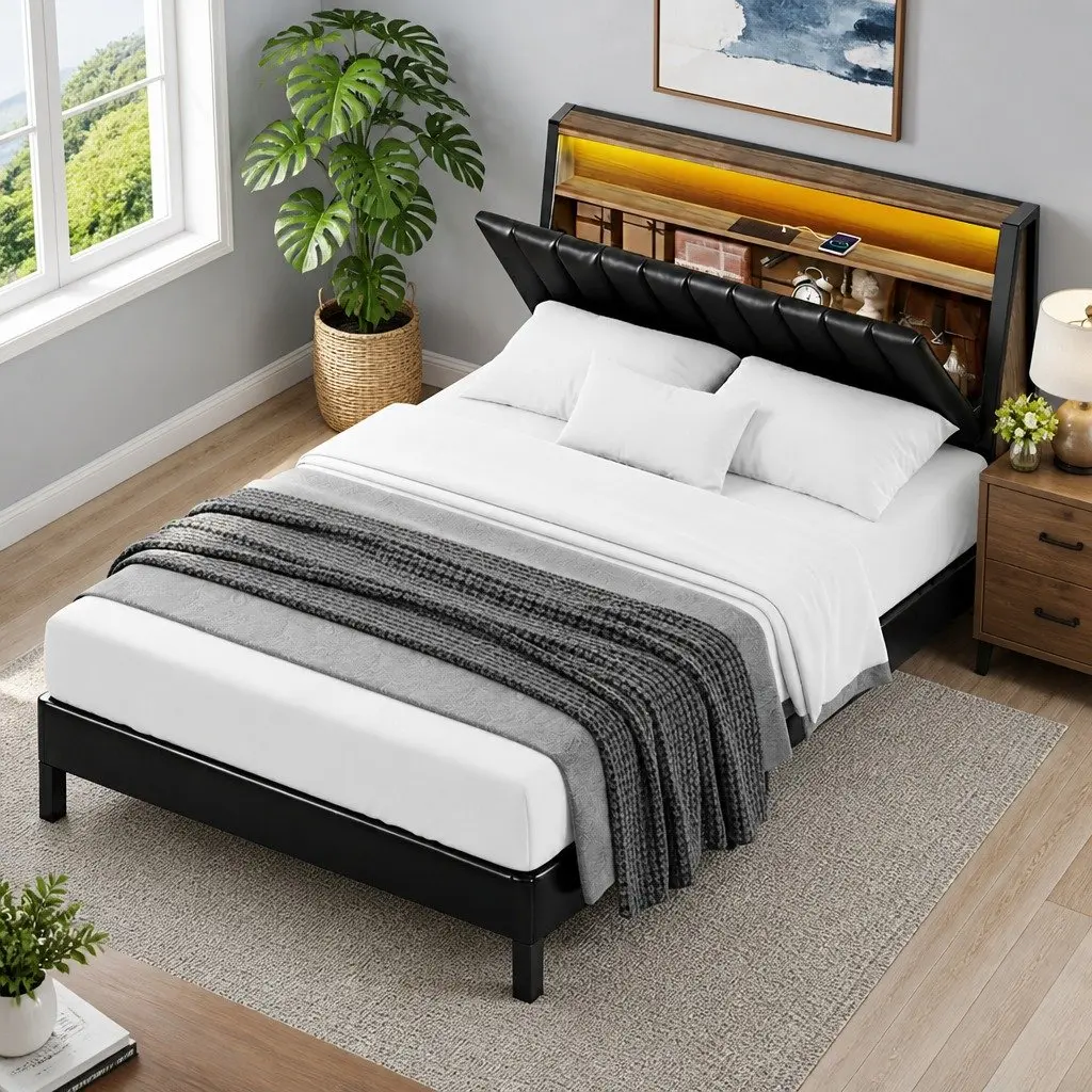 Queen Bed Frame with Integrated LED and Storage