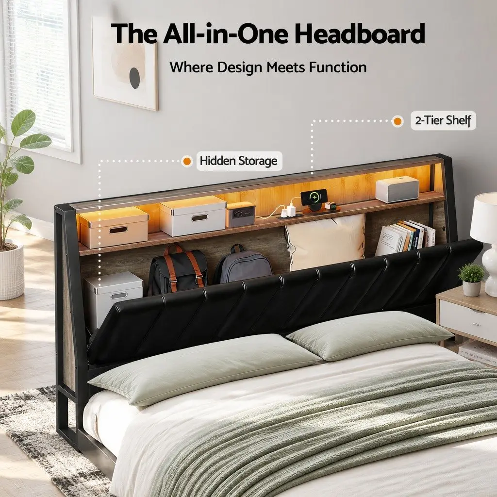 Queen Bed Frame with Integrated LED and Storage