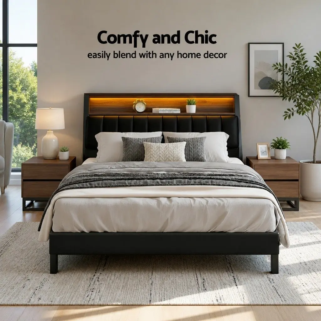 Queen Bed Frame with Integrated LED and Storage