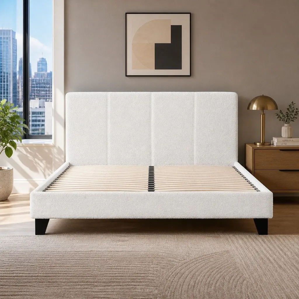 Double Bed Frame with Boucle Upholstery and Support