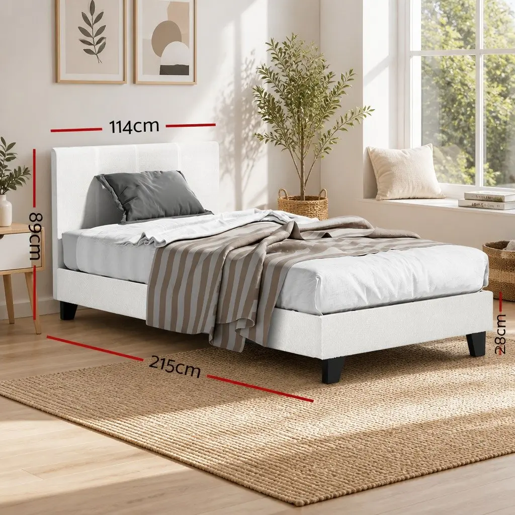 King Single Bed Frame Boucle Fabric Upholstered Headboard White Modern Bedroom