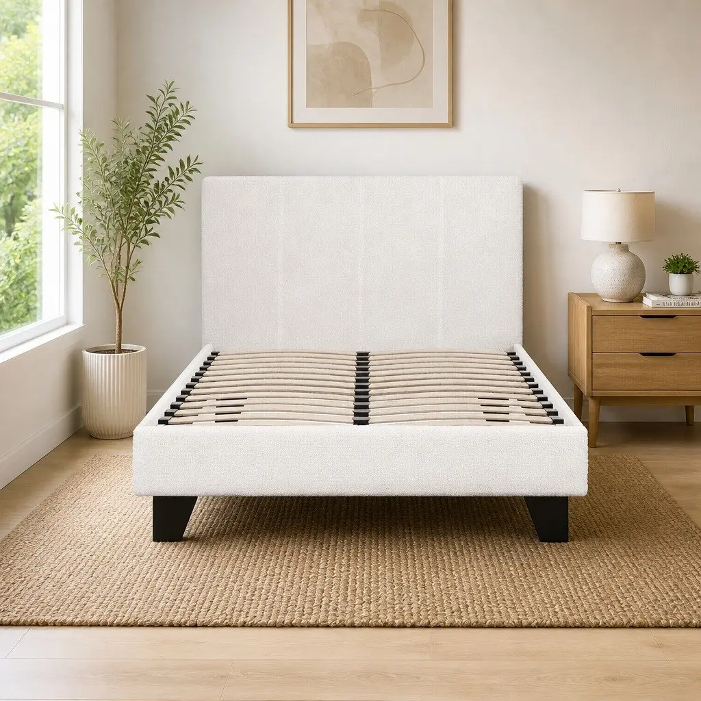 King Single Bed Frame Boucle Fabric Upholstered Headboard White Modern Bedroom