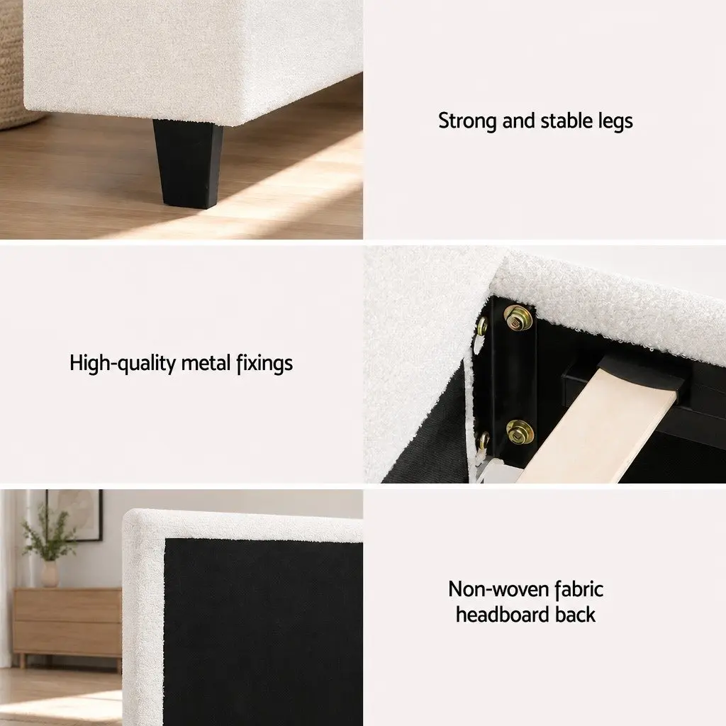 King Single Bed Frame Boucle Fabric Upholstered Headboard White Modern Bedroom