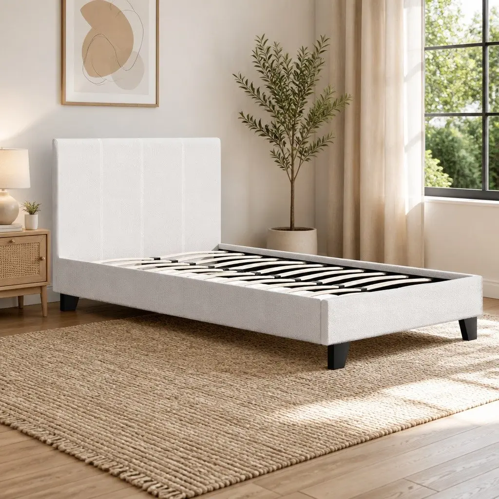 King Single Bed Frame Boucle Fabric Upholstered Headboard White Modern Bedroom