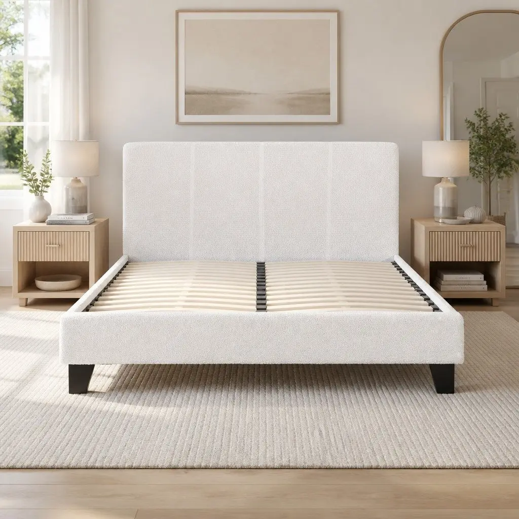 Upholstered Bed Frame Queen Size White Boucle Fabric Bedroom Furniture