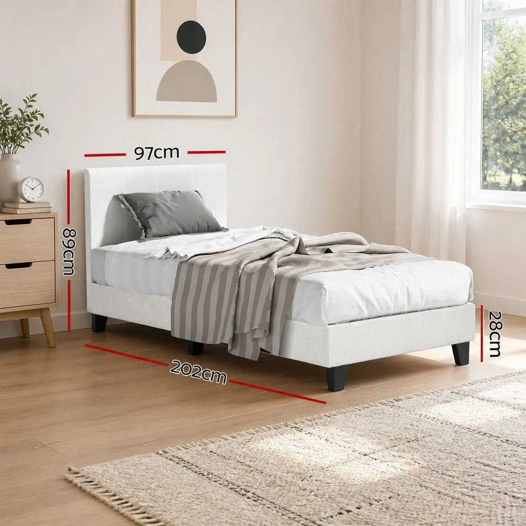 Single Bed Frame White Boucle Upholstered 202cm x 97cm Bedroom Furniture