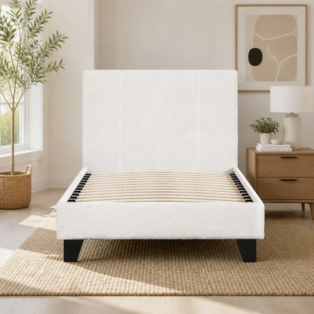 Single Bed Frame White Boucle Upholstered 202cm x 97cm Bedroom Furniture