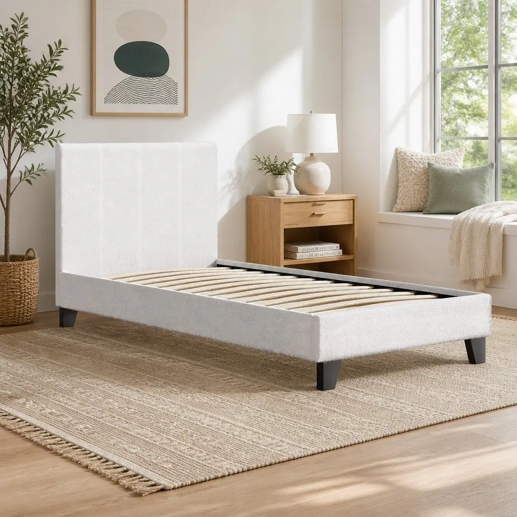 Single Bed Frame White Boucle Upholstered 202cm x 97cm Bedroom Furniture