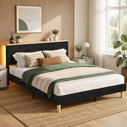Double Bed Frame Upholstered Adjustable Headboard RGB LED Mood Lighting Black