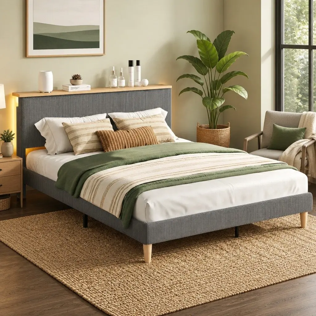 Double Bed Frame with Adjustable Headboard & Lighting