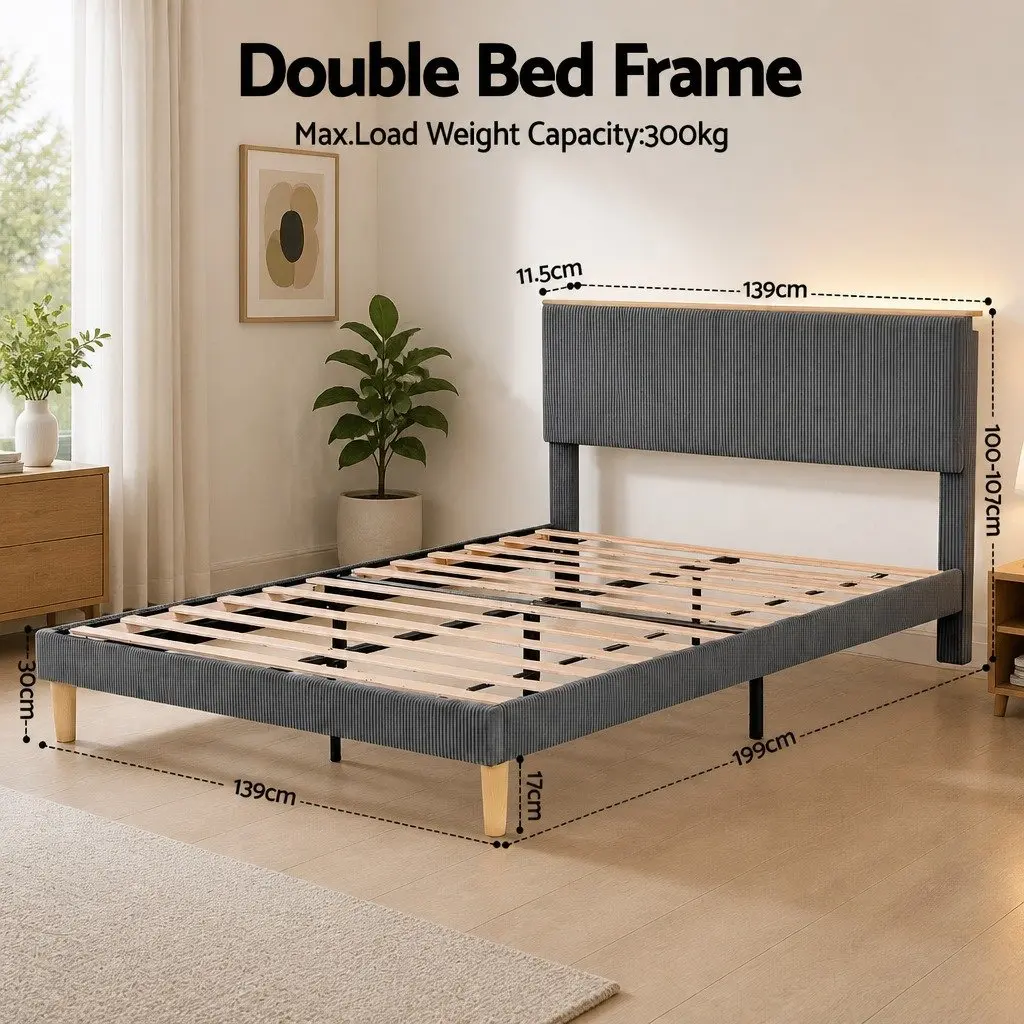 Double Bed Frame with Adjustable Headboard & Lighting