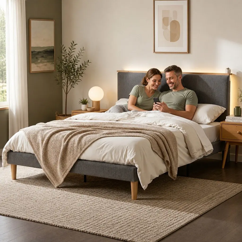 Double Bed Frame with Adjustable Headboard & Lighting
