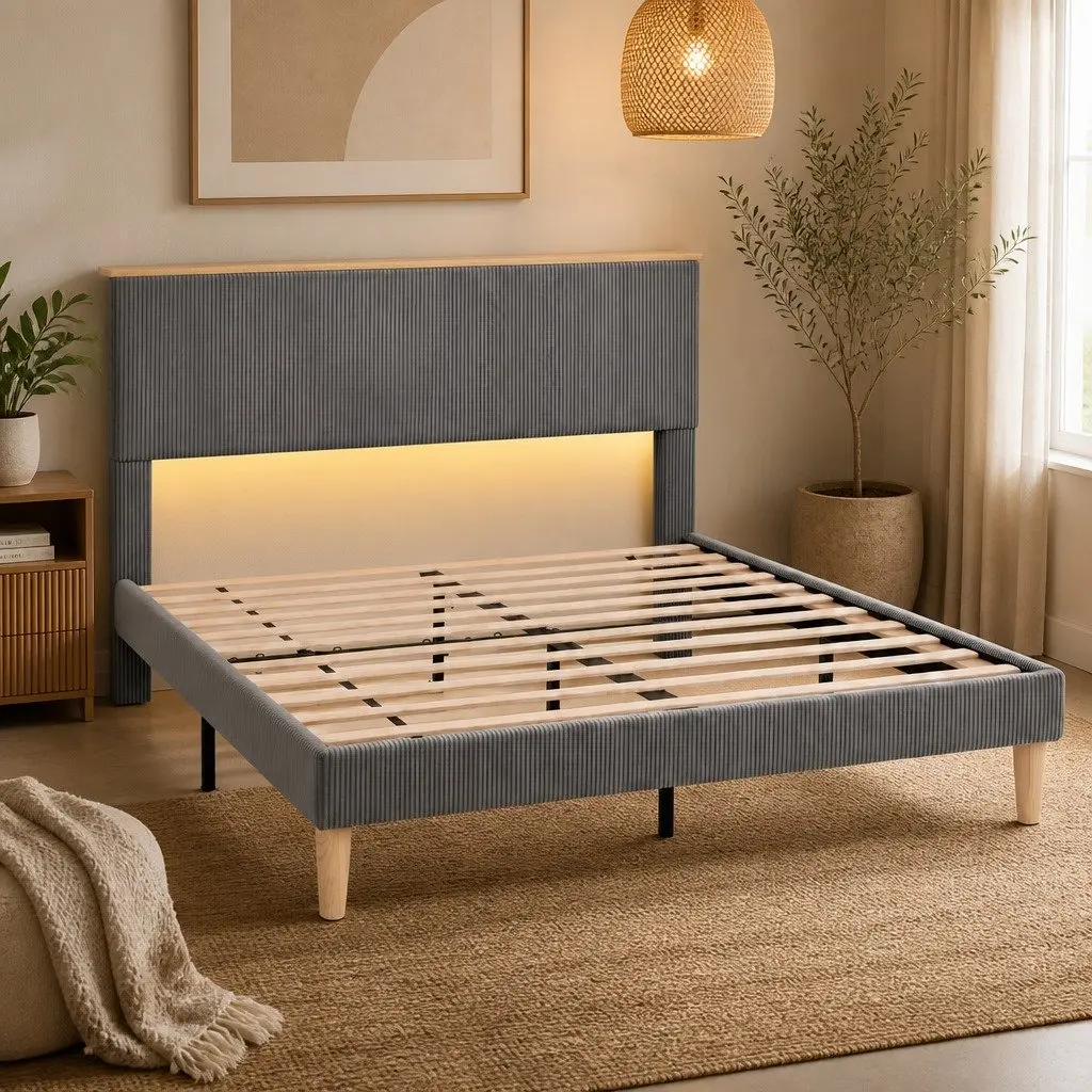 Double Bed Frame with Adjustable Headboard & Lighting