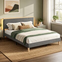 Queen Upholstered Bed Frame Adjustable Headboard RGB LED Mood Lighting Grey