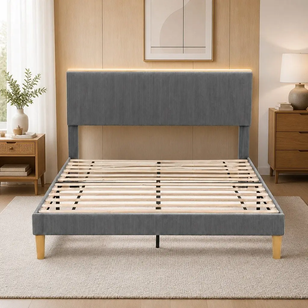 Queen Bed Frame with Mood Lighting and Adjustable Headboard