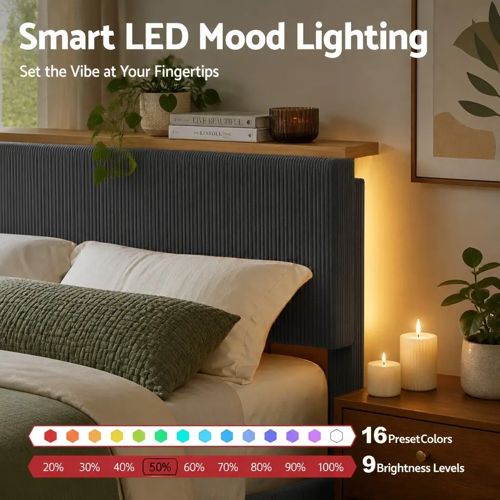Queen Bed Frame with Mood Lighting and Adjustable Headboard