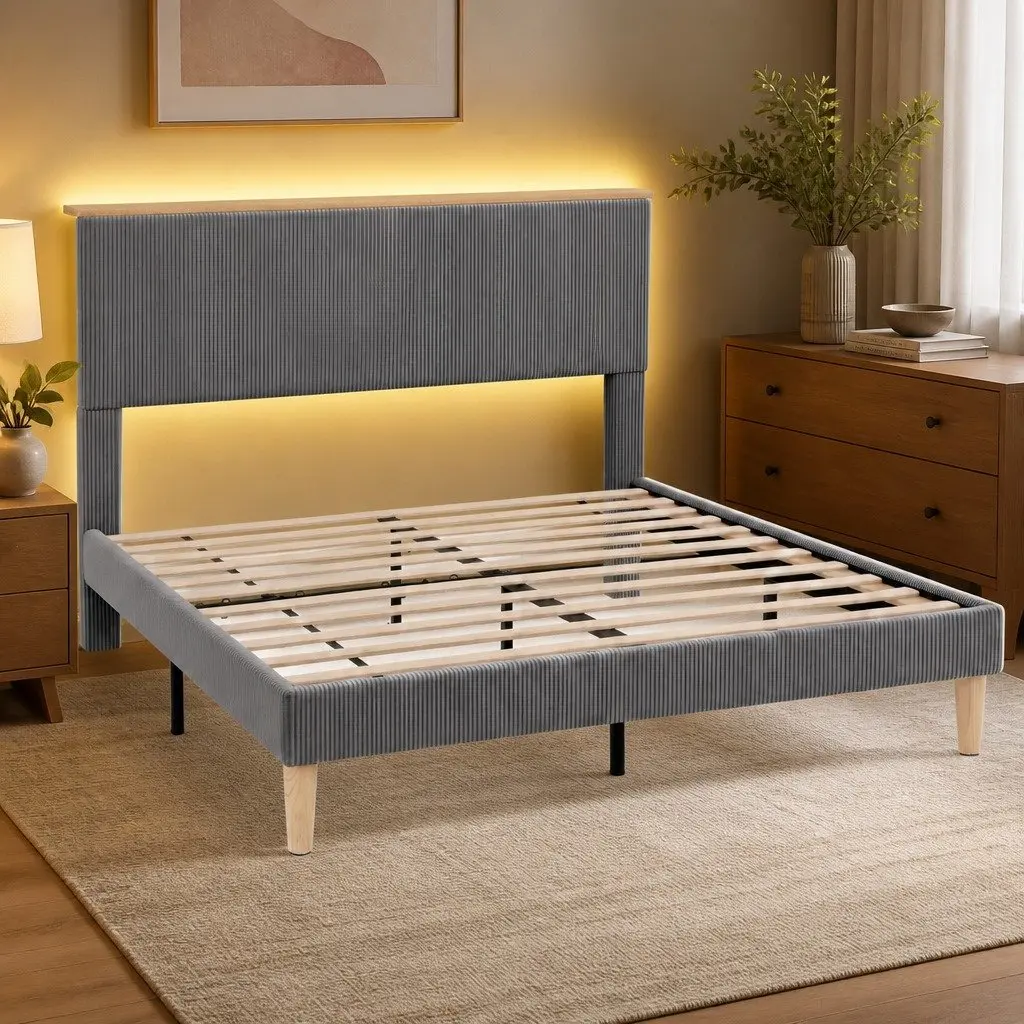 Queen Bed Frame with Mood Lighting and Adjustable Headboard