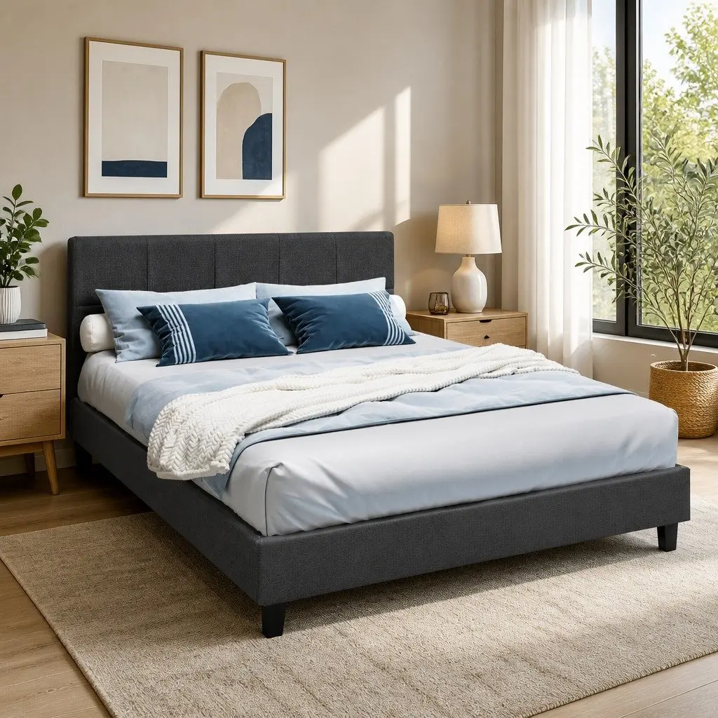 Queen Size Bed Frame Charcoal Upholstered Bedroom Furniture with Wooden Slat
