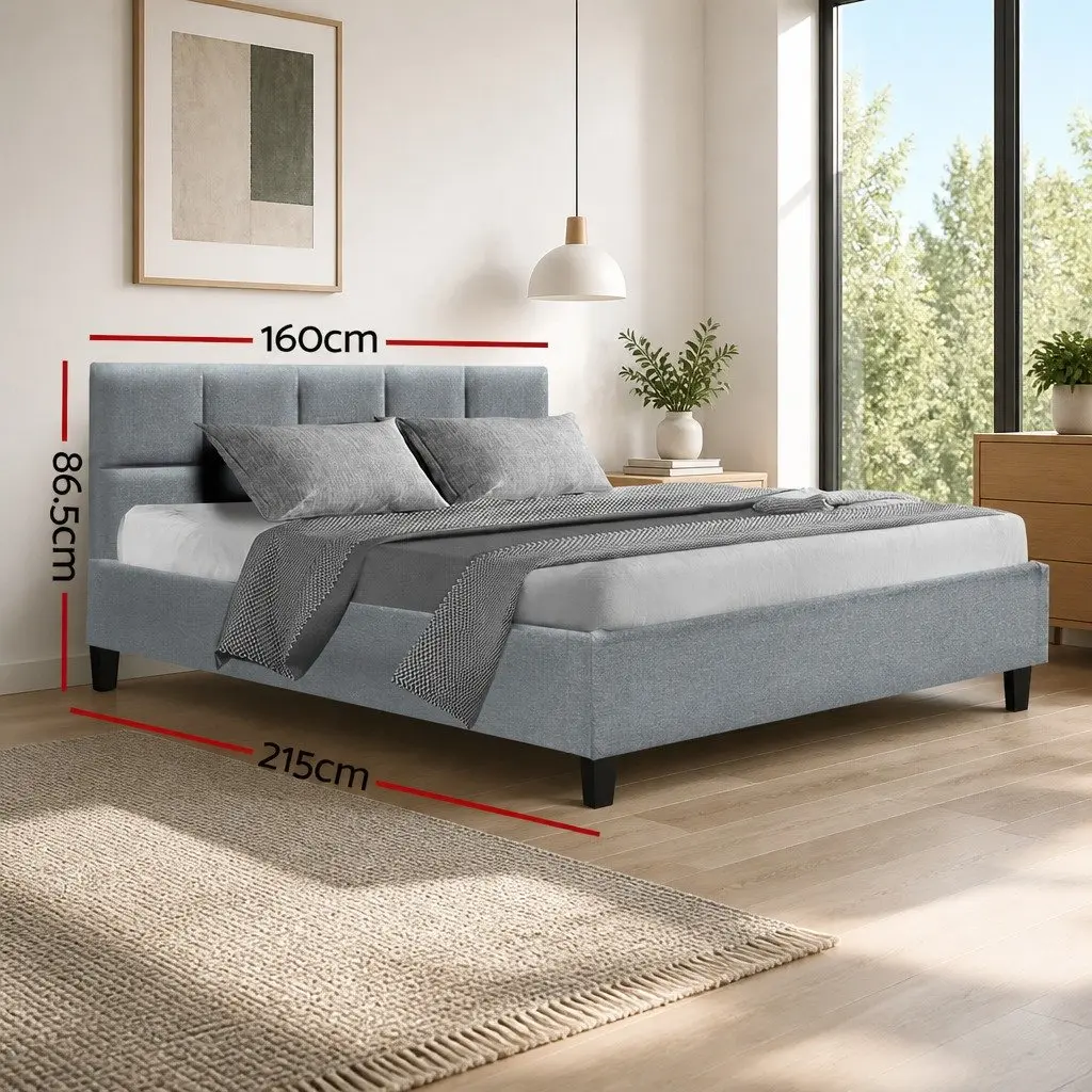 Queen Size Bed Frame Upholstered Grey Wooden Slat Base Metal Connectors