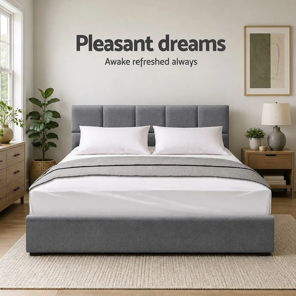 Queen Size Bed Frame Upholstered Grey Wooden Slat Base Metal Connectors