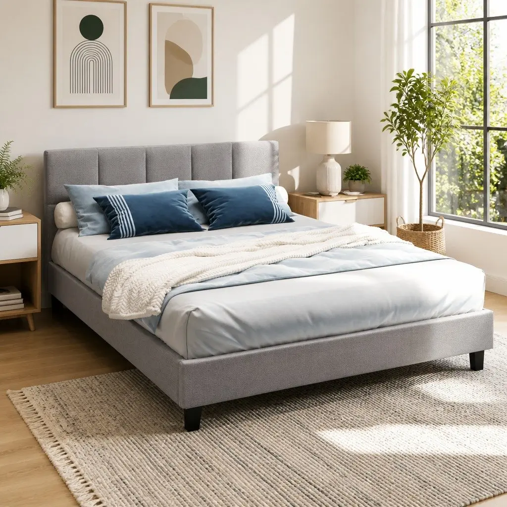 Queen Size Bed Frame Upholstered Grey Wooden Slat Base Metal Connectors