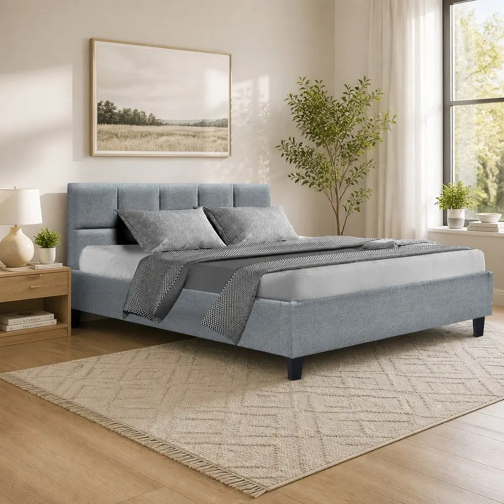 Queen Size Bed Frame Upholstered Grey Wooden Slat Base Metal Connectors