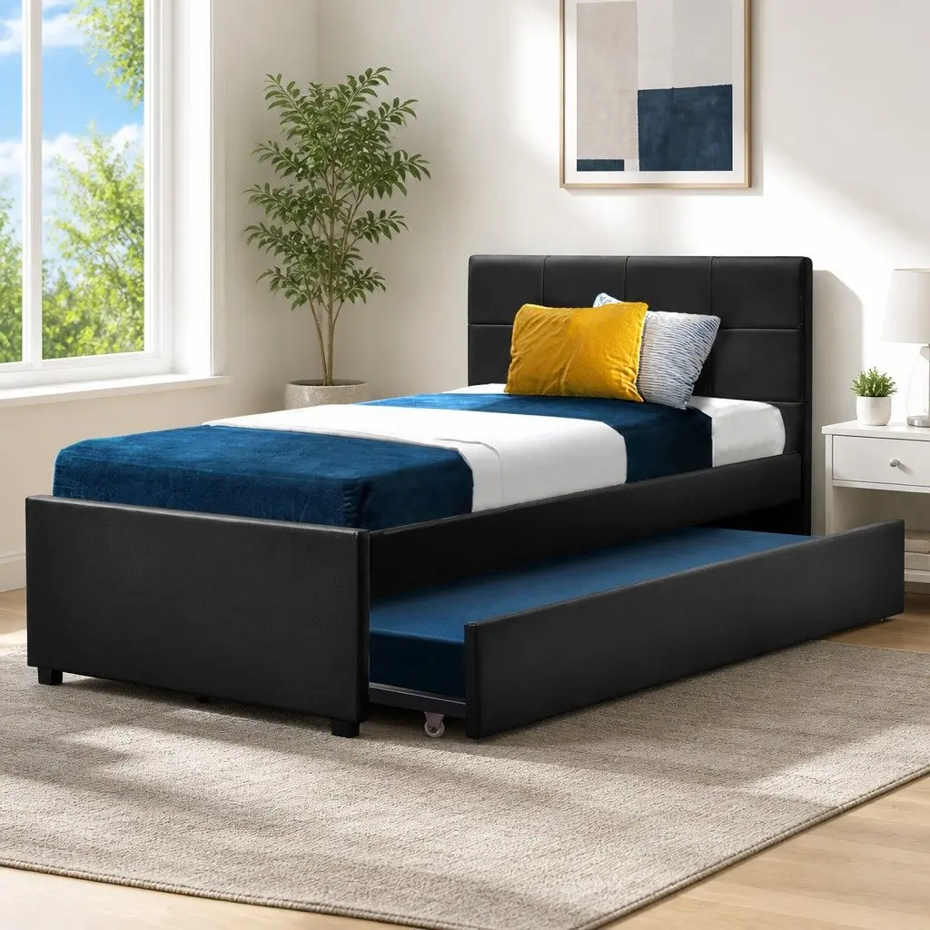 Trundle Bed Frame King Single Size Black PVC Leather Pull-Out Guest Bed