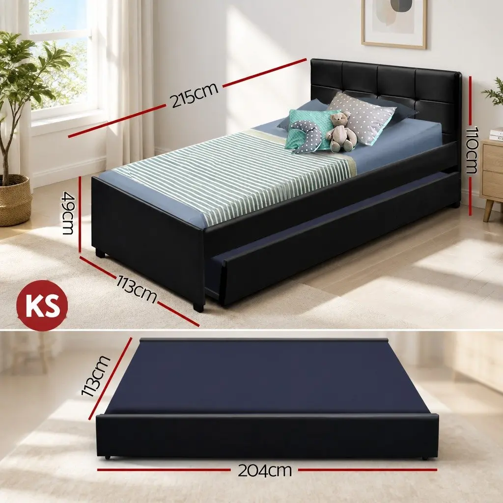 Trundle Bed Frame King Single Size Black PVC Leather Pull-Out Guest Bed