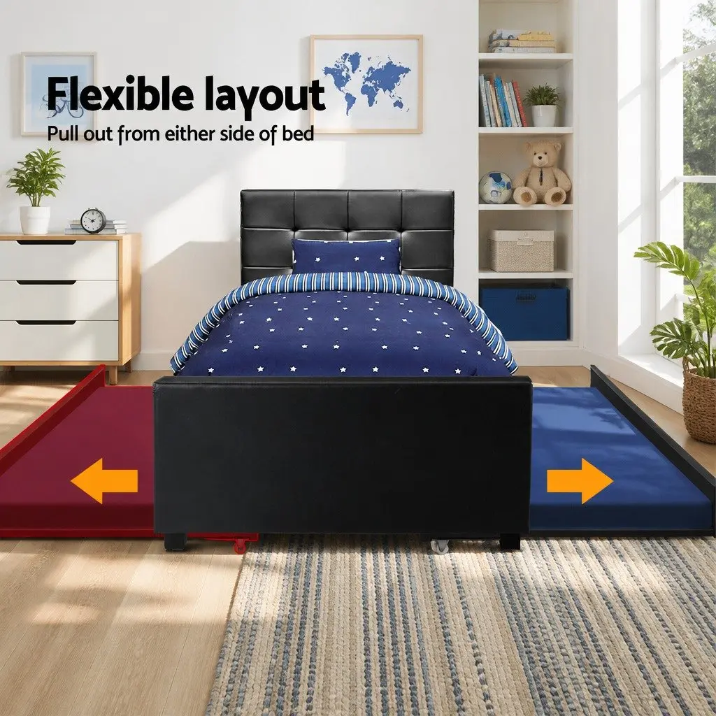 Trundle Bed Frame King Single Size Black PVC Leather Pull-Out Guest Bed